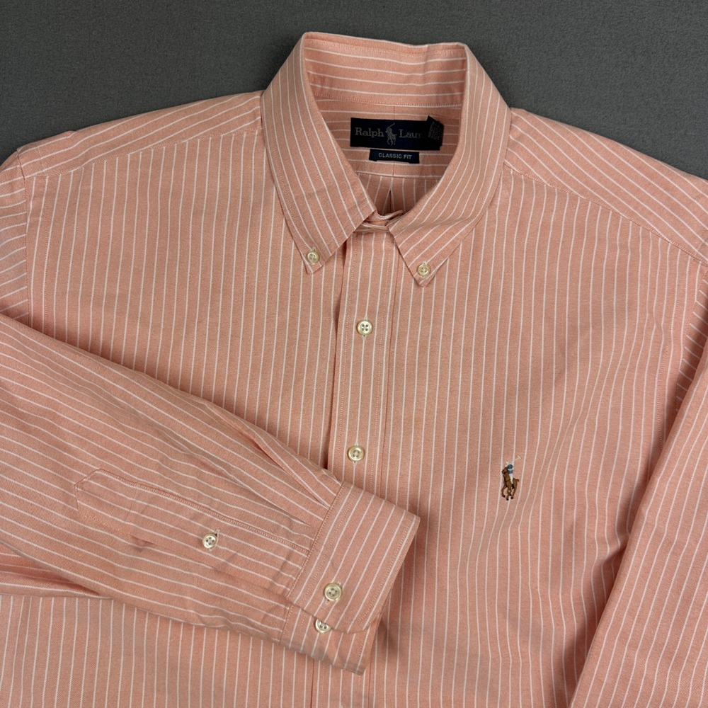 Ralph Lauren Mens Peach Striped Oxford Shirt Classic Fit Long Sleeve Cotton